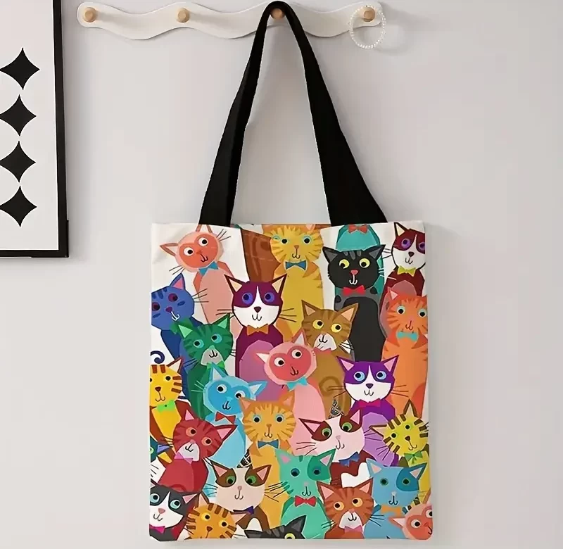 Barevná kabelka s kočičím motivem | Plátěná taška, kočičí taška