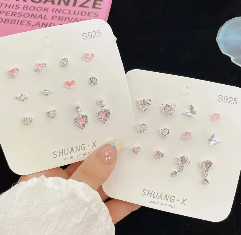 Sada 6 párů růžové křišťálové náušnice s mašličkou | dívčí doplňky, set náušnic