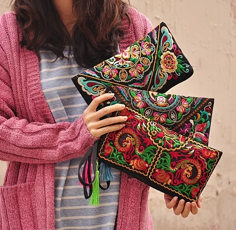 Vintage etno peněženka s květy a poutkem | dámská peněženka, peněženka na zip