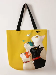 Stylová kočičí plátěná taška přes rameno | nákupní taška, plátěná kabelka