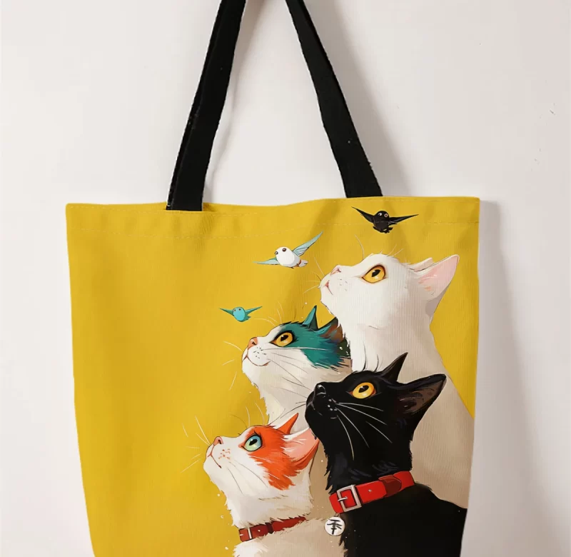 Stylová kočičí plátěná taška přes rameno | nákupní taška, plátěná kabelka