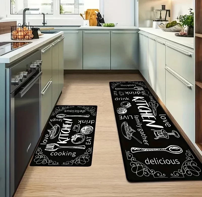 Protiskluzový koberec s příbory do kuchyně | kuchyňská rohožka, omyvatelný koberec