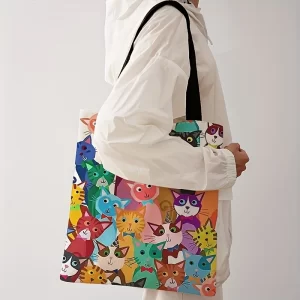 Barevná taška s kočkou přes rameno | nákupní taška, plátěná taška