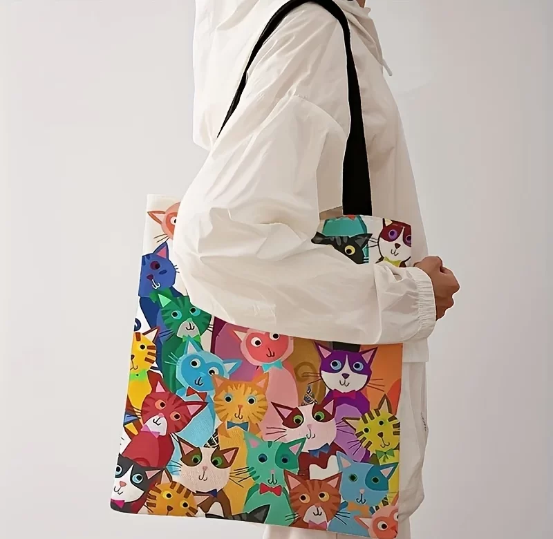 Barevná taška s kočkou přes rameno | nákupní taška, plátěná taška