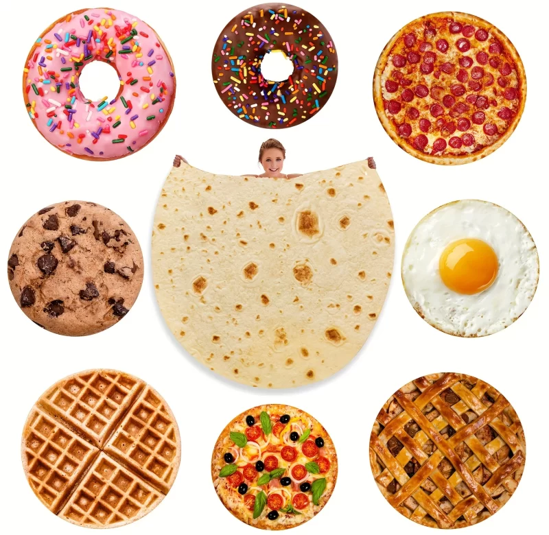 Teplá deka ve tvaru tortilly a jiných jídel | zimní přikrývka, kempingová deka