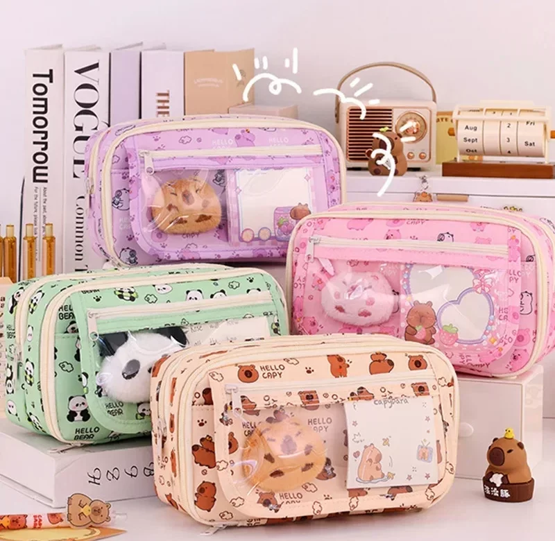 Velký školní penál s více přihrádkami, motiv kapybara | penál, pouzdro