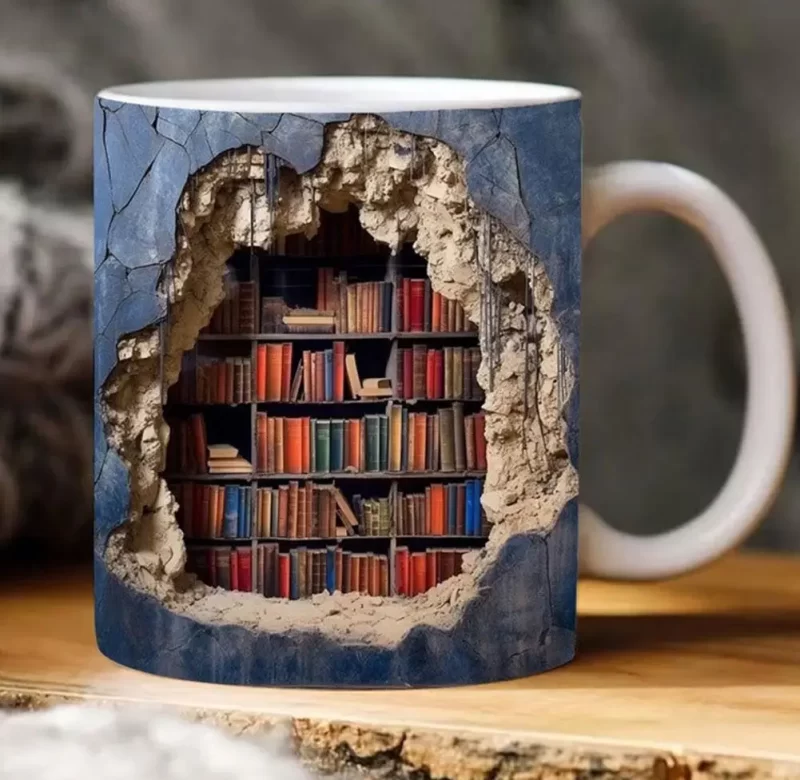 3D keramický hrnek s motivem knihovny | hrnek, šálek